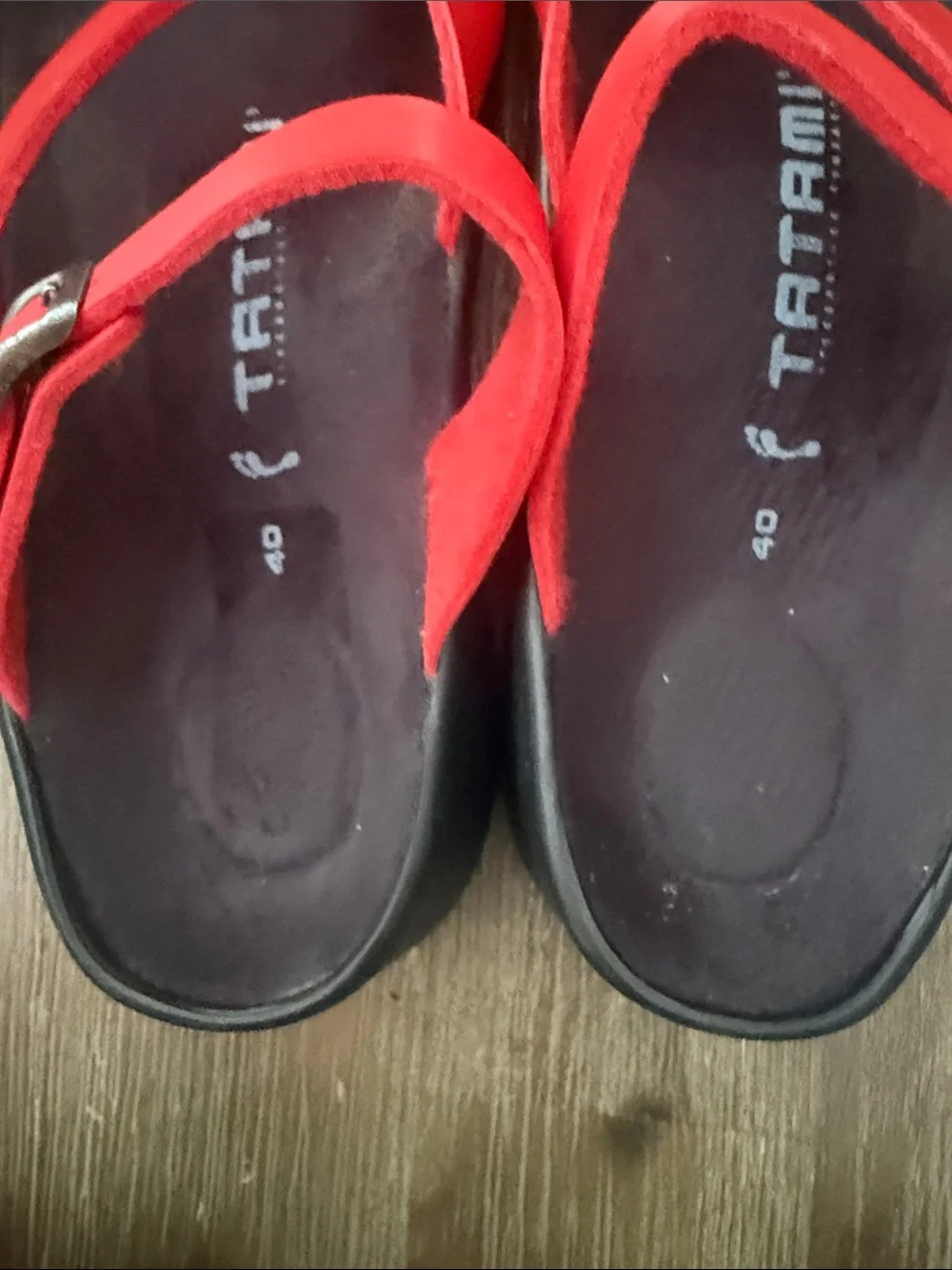 Birkenstock TATAMI Women’s Black Footbed Red Strappy Sandals